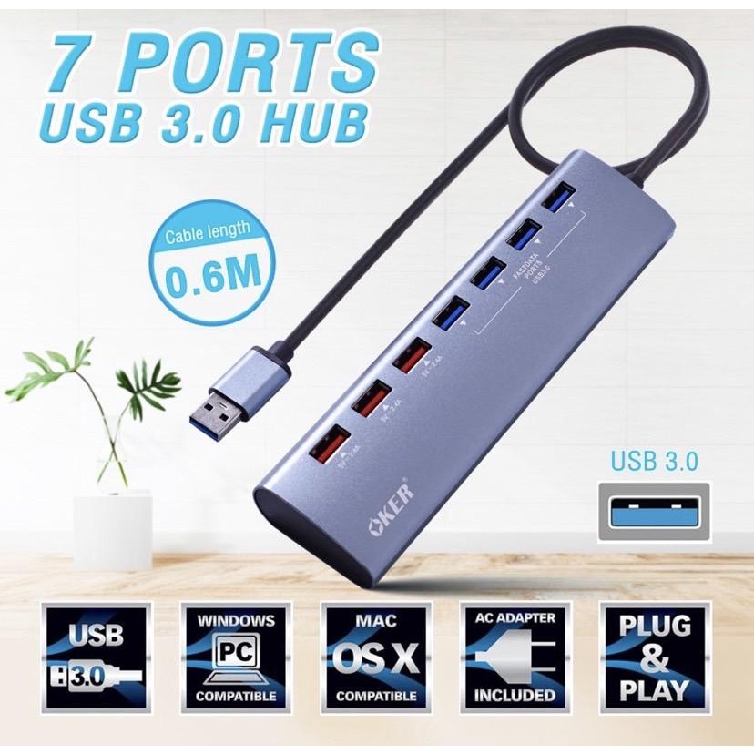 Hub 7 ports usb 3.0 + adapter+ Fast charging 2.4A chipset รุ่น H-725 H725