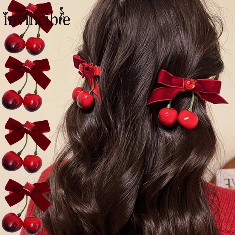1 ชิ้น หวาน สีแดง เชอร์รี่ โบว์ กํามะหยี่ กิ๊บ สําหรับเด็กผู้หญิง สไตล์เกาหลี โบว์ เครื่องประดับผม วินเทจ สีแดง กิ๊บติดผม เครื่องประดับผม