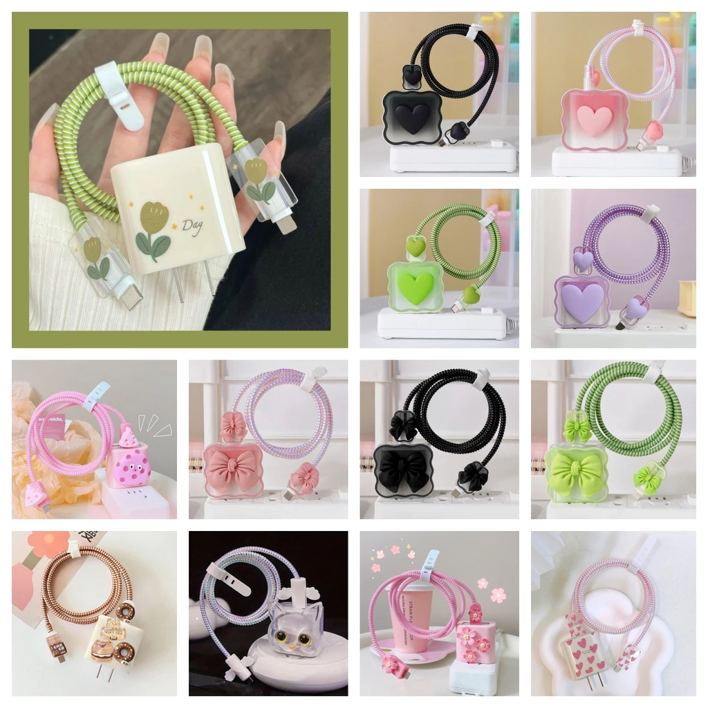 🚚พร้อมส่ง🚚 18W/20W ( 1เซ็ท5ชิ้น )ชุดแต่งสายชาร์จลายการ์ตูน เคสหัวชาร์จ ชุดถนอมสายชาร์จการ์ตูนน่ารักๆClic For iphone PD