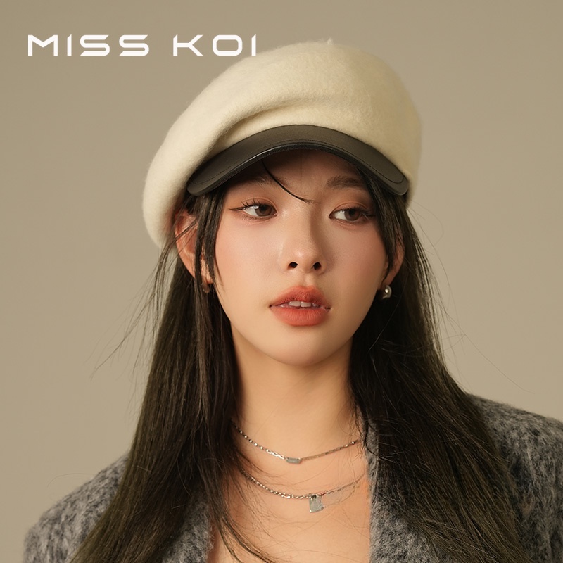Misskoi [คลังสินค้าพร้อม] หมวกเบเร่ต์ทําด้วยผ้าขนสัตว์ที่หรูหราหญิงฤดูใบไม้ร่วงฤดูหนาวญี่ปุ่นย้อนยุคทุกการแข่งขันหมวกเด็กส่งหนังสือพิมพ์หมวกจิตรกรหมวกแปดเหลี่ยม