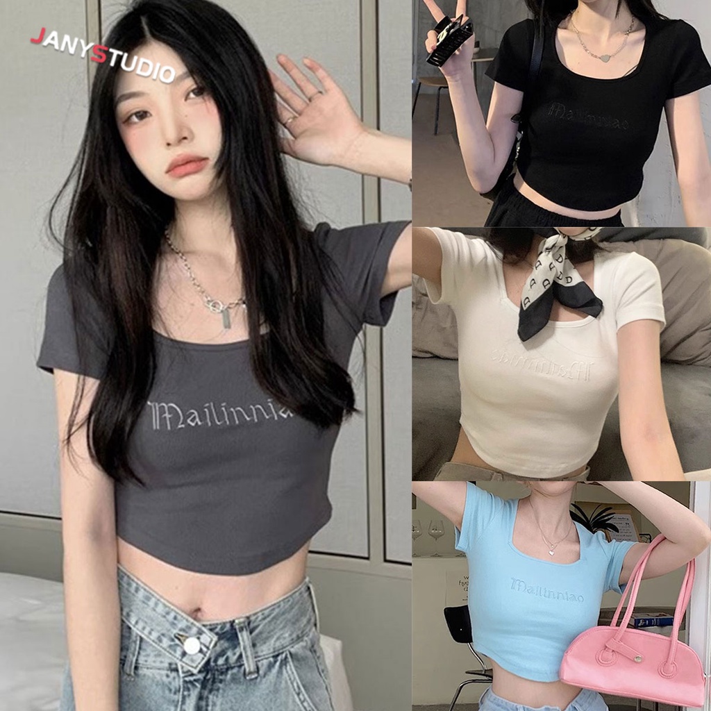 เสื้อครอปแขนสั้น เอวลอย เเต่งขอบโค้ง ใส่เเล้วดูมีเอวไม่อ้วน