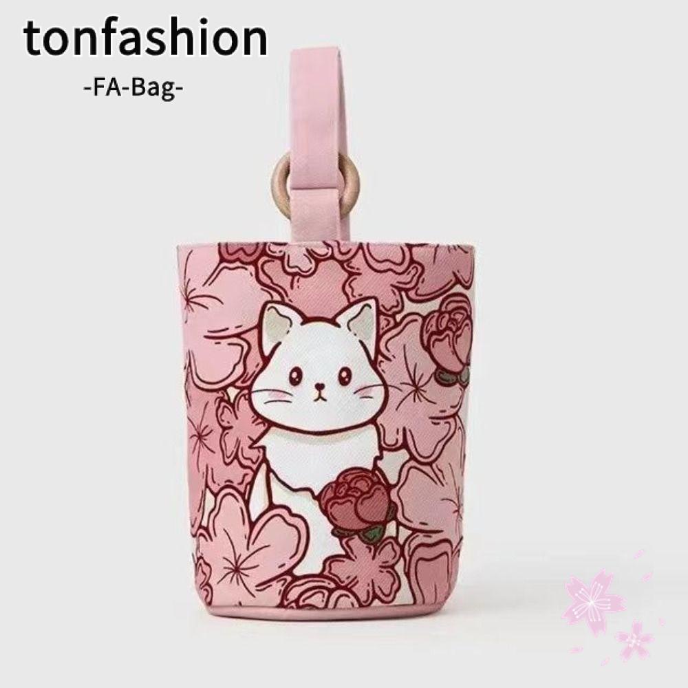 Tonfashion กระเป๋าทรงถัง ผ้าแคนวาส พิมพ์ลายการ์ตูนแมวน่ารัก กันน้ํา แบบพกพา