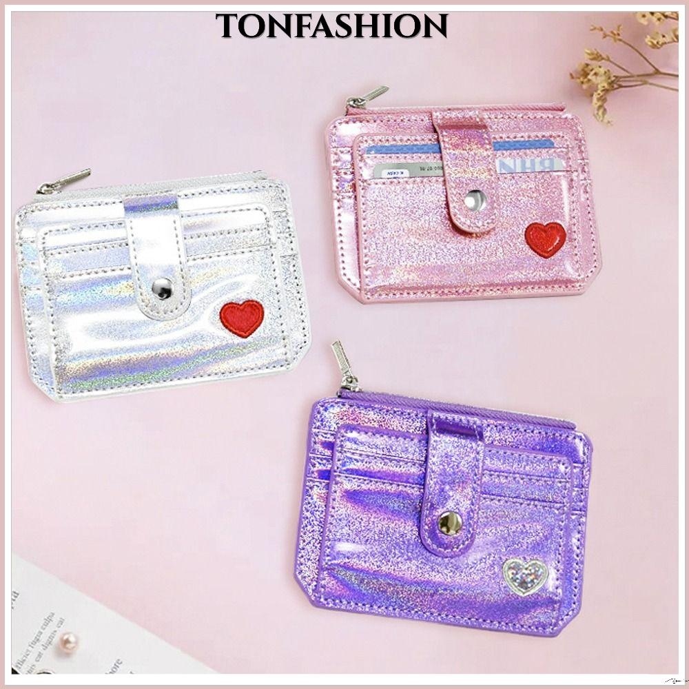 Tonfashion กระเป๋าสตางค์ ใบสั้น บาง น่ารัก เลเซอร์ ส่องแสง หัวใจ หลายใบ คริสตัล สี
