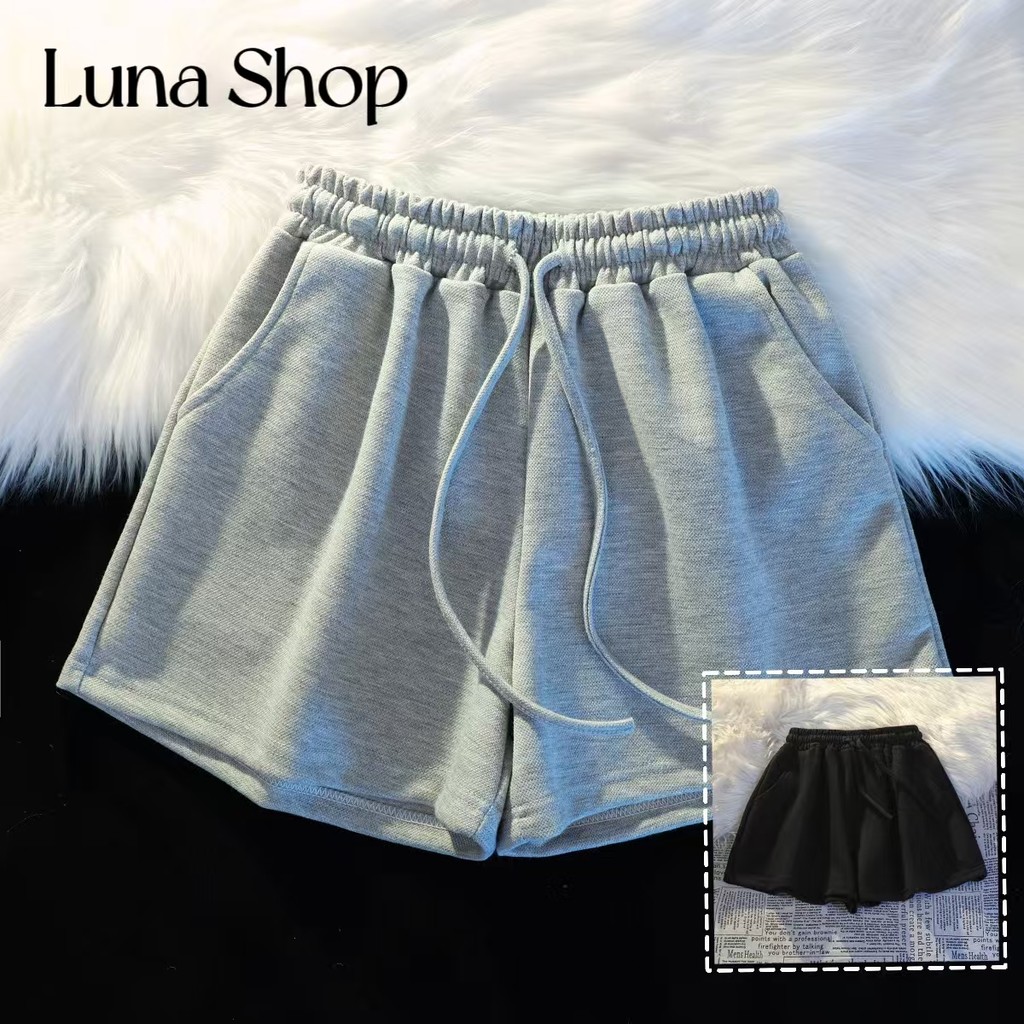 Luna Shop 🍒 พร้อมส่ง 💕กางเกงขาสั้นขากว้างเชือกผูกสไตล์เกาหลีสำหรับผู้หญิงแบบเรียบง่าย กางเกงขาสั้นทรงหลวมลำลองสไตล์สปอร์ต