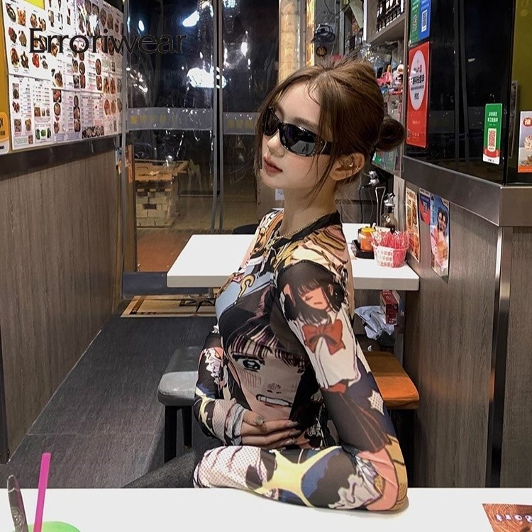 เสื้อยืดผู้หญิง 2025 หลากสีโปร่งแสงตาข่ายคอกลมแขนยาวสลิมฟิตท็อปส์ - รูปที่ 4