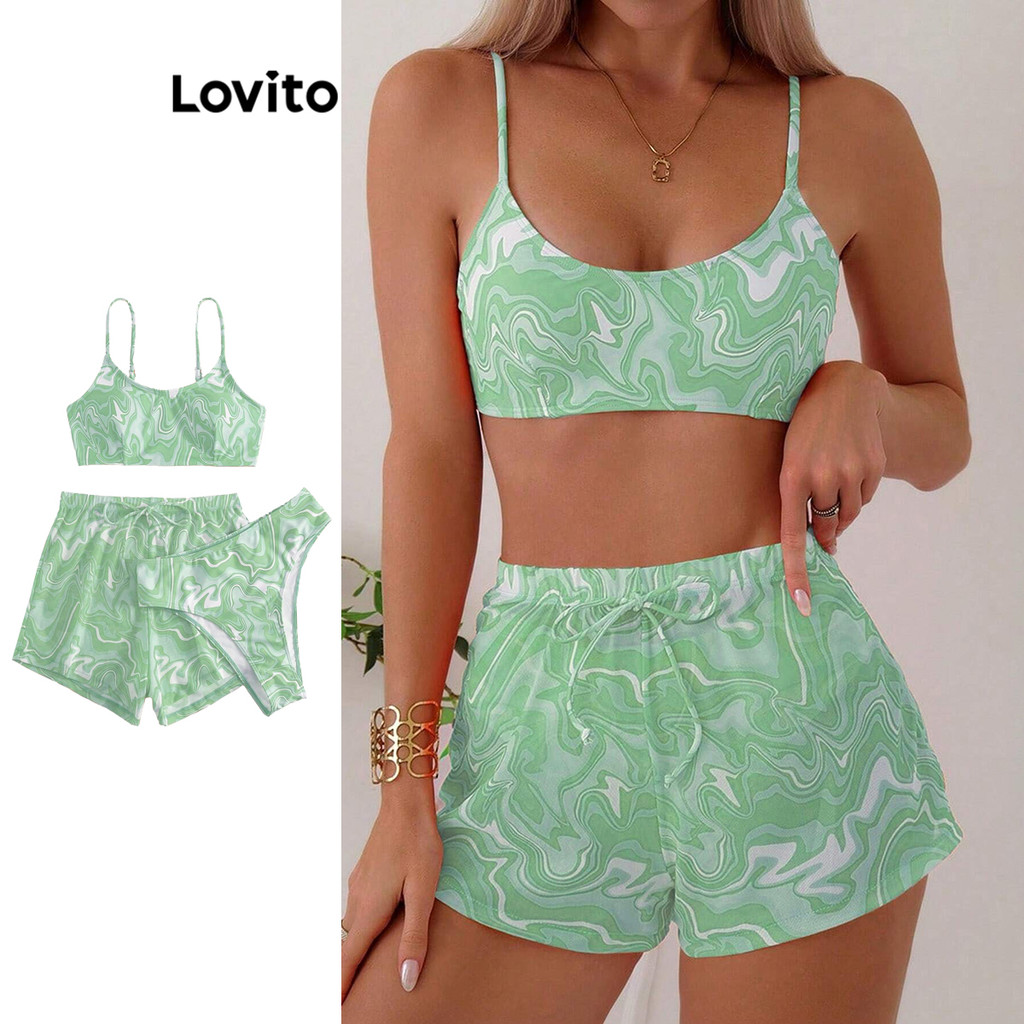 Lovito ชุดบิกินี่ โบฮีเมียนผ้ามัดย้อม3 ชิ้นสำหรับผู้หญิง LBL16805