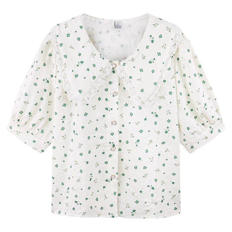 (ส่งจากไทย)เสื้อเชิ้ตแขนพองลายดอกแขนสั้นผู้หญิง รูปที่ 8