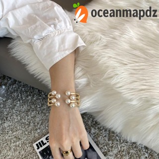 Oceanmapdz สร้อยข้อมือ กําไลข้อมือ สเตนเลส เปิด มุกเทียม เรขาคณิต มินิมอล กลวง กําไลข้อมือผู้หญิง