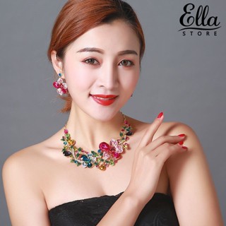 Ellastore123 ชุดสร้อยคอ ต่างหู สเตนเลส รูปดอกไม้ ใบไม้ ประดับพลอยเทียม หลากสี หรูหรา กันสนิม 1 ชุด