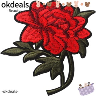 Okdeals แผ่นแพทช์ผ้าโพลีเอสเตอร์ ปักลายดอกกุหลาบ สีแดง 3.9x4 นิ้ว 8 ชิ้น