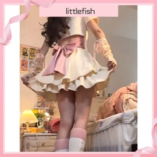 [Littlefish] ชุดเสื้อโปโลแขนสั้น แต่งลูกไม้ ประดับโบว์ สีชมพู และกระโปรงบัลเล่ต์ ขนาดใหญ่ สําหรับเด็กผู้หญิง