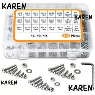 Karen 540 ชิ้น|สกรูหัวกระทะ สเตนเลส 304 6-25 มม. M3 M4 M5 สําหรับเครื่องใช้ในครัวเรือน