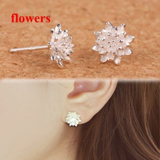 Flowers ใหม่ ต่างหูสตั๊ด เงิน 925 รูปดอกบัว เครื่องประดับสตรี 0585