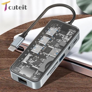 Tcuteit ฮับขยาย HD USBx4 RJ45 AUX PD SD TF สําหรับโทรศัพท์มือถือ แล็ปท็อป