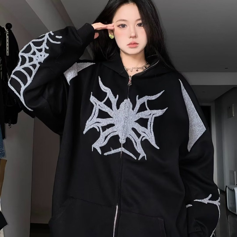 Street Spider Man Hoodie ผู้หญิงบางแฟชั่นหลวมเสื้อสเวตเตอร์ถัก Hiphop ซิป Unisex