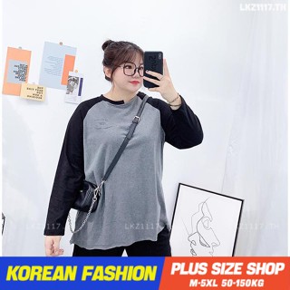 Plus size เสื้อผ้าสาวอวบ❤ เสื้อยืดสาวอวบอ้วน ไซส์ใหญ่ ผู้หญิง ทรงหลวม แขนยาว คอกลม พิมพ์ ฤดูใบไม้ร่วง สไตล์เกาหลีแฟชั่น