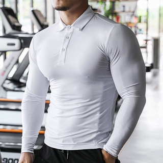 Fitness Clothes Lapel T-shirt Mens Long-Sleeved Thin Polo Shirt Basic Sports Top Tights Training Quick-Drying Autumn ql6P