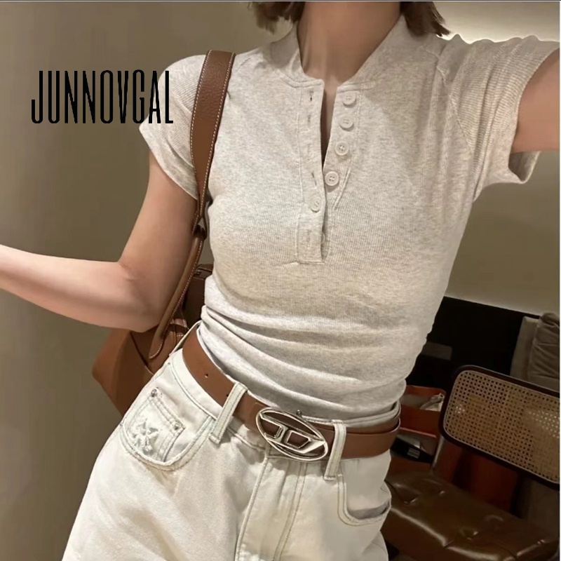 Junnovgal ใหม่ เสื้อยืดลําลอง ผ้าฝ้าย แขนสั้น คอปก ทรงสกินนี่ เข้ารูป แฟชั่นสําหรับสตรี 2023