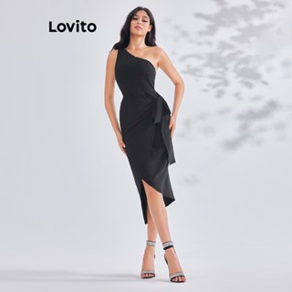 Lovito ชุดเดรสลําลอง แบบผูกเชือก ทรงไม่สมมาตร สําหรับผู้หญิง LBE03140 (สีดํา)