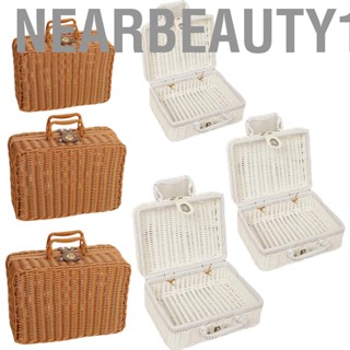 Nearbeauty1 Woven Picnic Box Plastic Rattan Odorless Retro Storage with Ring Shaped Handle for Outdoor