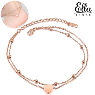 Ellastore123 สร้อยข้อเท้าโซ่ ลูกปัดกลม รูปหัวใจ สองชั้น เครื่องประดับสําหรับผู้หญิง