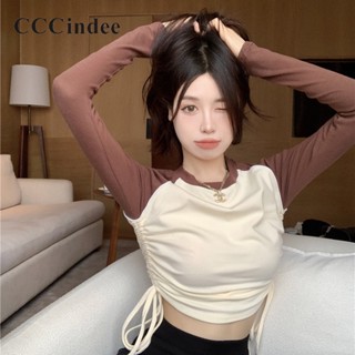 Cccindee ใหม่ เสื้อยืดลําลอง แขนยาว คอกลม ทรงสลิมฟิต เข้ากับทุกการแต่งกาย แฟชั่นสําหรับสตรี 2023