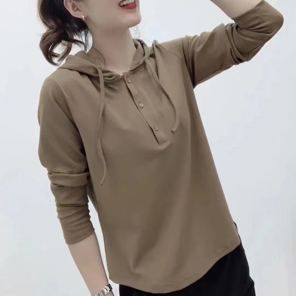 เสื้อกันหนาวหมวกผู้หญิงที พลัสขนาดผู้หญิงแขนยาวด้านบนคลุมด้วยผ้า จุดต่ําสุด เสื้อแม่สวมใส่ฤดูใบไม้ร่วงสบายๆหลวมด้านบน