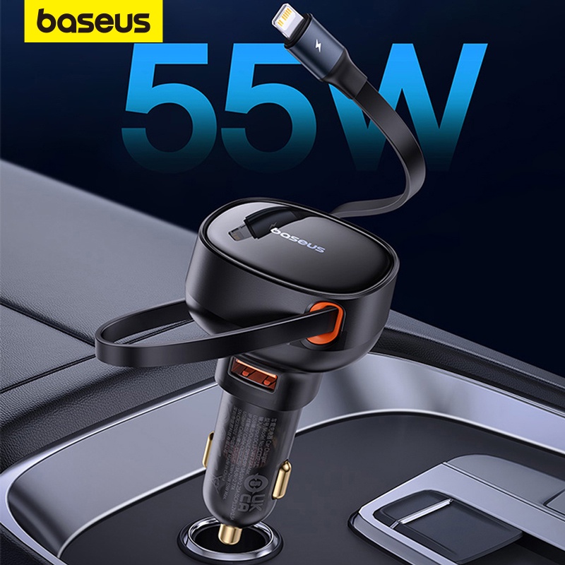 Baseus 2-in-1 ที่ชาร์จในรถยนต์ ชาร์จเร็ว 30W PD 25W USB C สายเคเบิลพับเก็บได้ในตัว สําหรับ iPhone MacBook Xiaomi