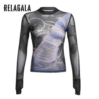 Relagala ใหม่ เสื้อยืดซีทรู แขนยาว ผ้าตาข่าย พิมพ์ลายแอปสแตรกท์ บางเบา สําหรับผู้หญิง 2023