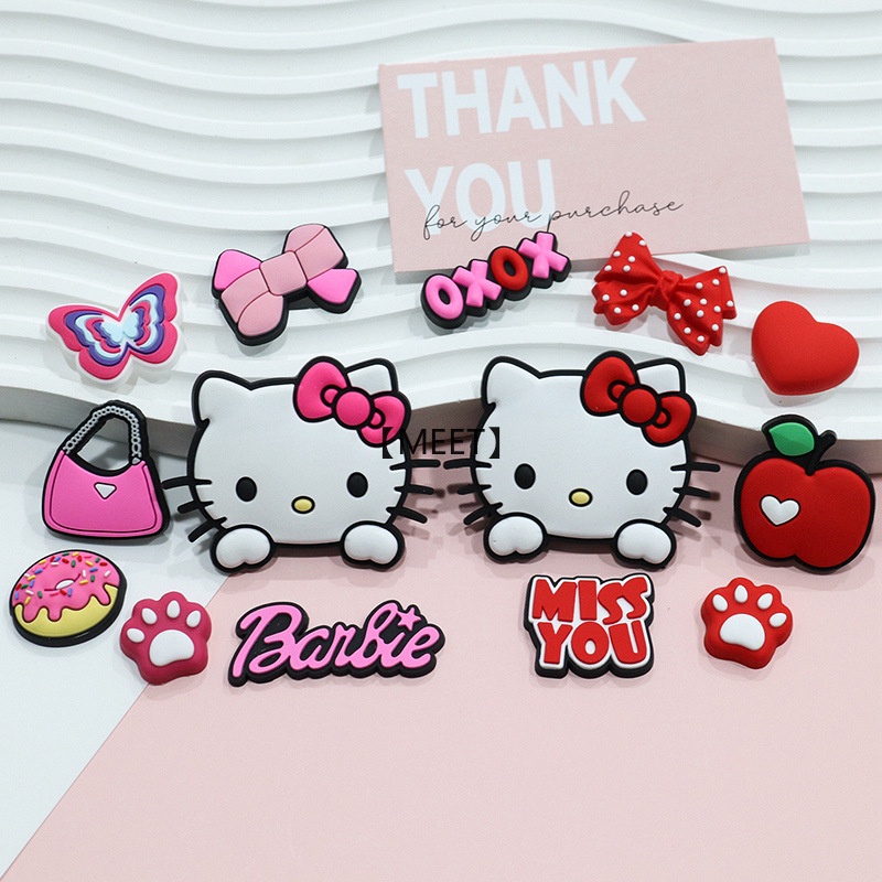 【MEET】7 ชิ้น/แพ็คการ์ตูน KT Hello Kitty ยางนุ่มเครื่องประดับ DIY อุปกรณ์เสริมเคสโทรศัพท์ฉนวนกันความร้อนถ้วยน้ำแพทช์ตกแต่งยางนุ่ม PVC ชุดอุปกรณ์เสริม
