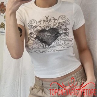 Topone- เสื้อครอปท็อป คอกลม แขนสั้น พิมพ์ลาย Y2K สําหรับผู้หญิง