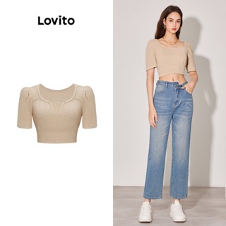 Lovito เสื้อยืด คอเหลี่ยม แบบจีบย่น สีพื้น สไตล์เพร็พพี่ สำหรับผู้หญิง L59ED045 (สีแอปริคอต)