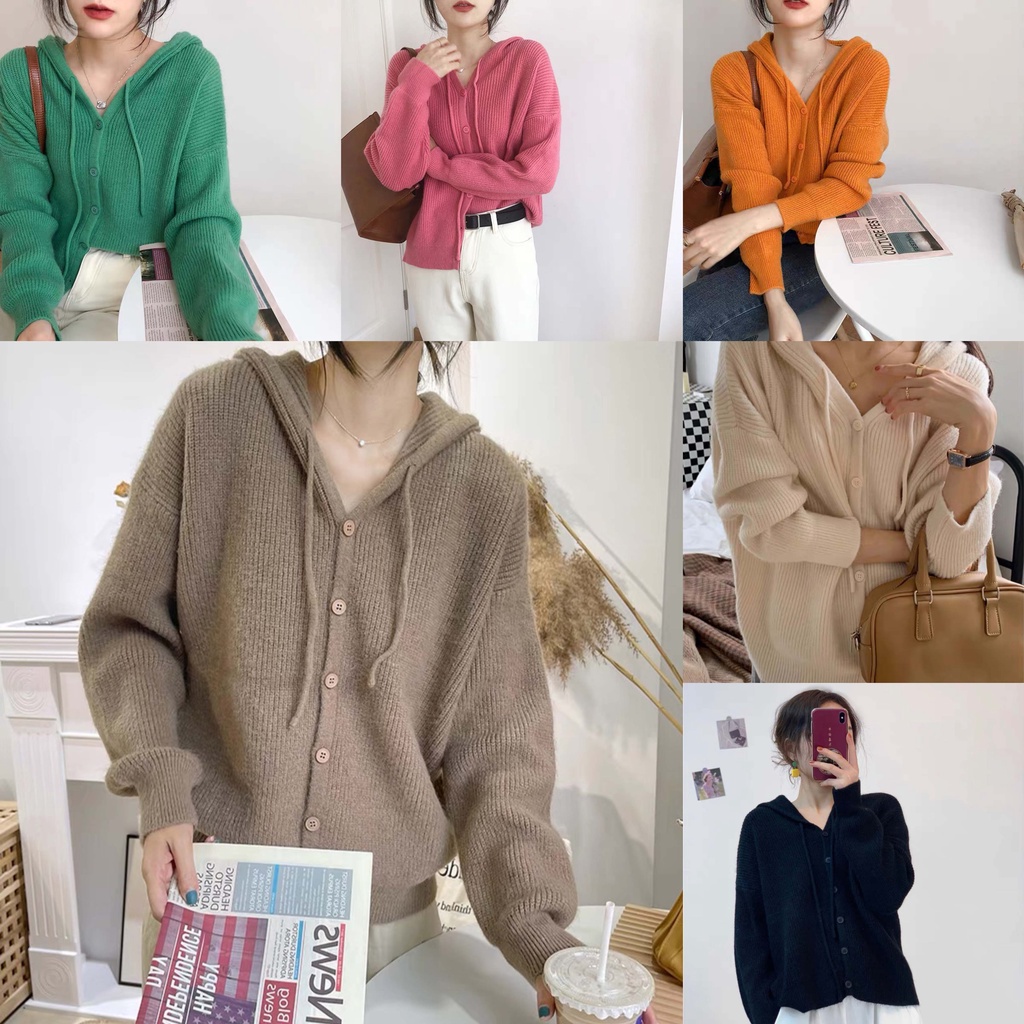 เสื้อกันหนาวมีฮู้ด เสื้อไหมพรมกระดุมหน้า ผ้าไหมพรม สีพื้น ฮู้ดมีเชือกดึง เนื้อผ้านุ่ม ยืดหยุ่นดี ใส่สบาย