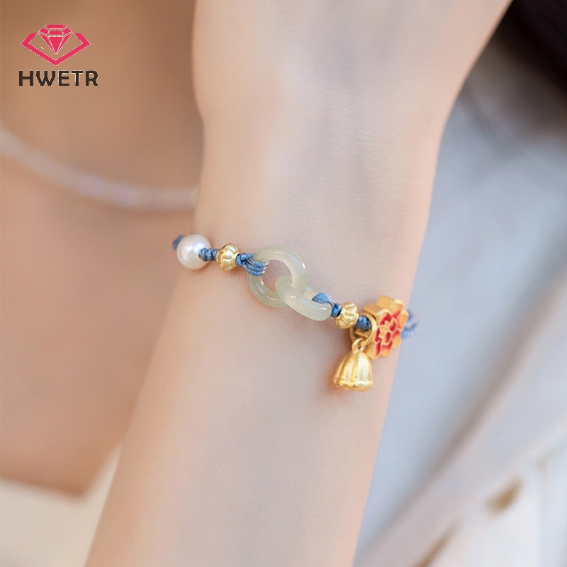 Hwetr สร้อยข้อมือถัก ประดับมุก หยก ดอกบัว สไตล์ชนเผ่า ปรับได้ เครื่องประดับแฟชั่น สําหรับผู้หญิง