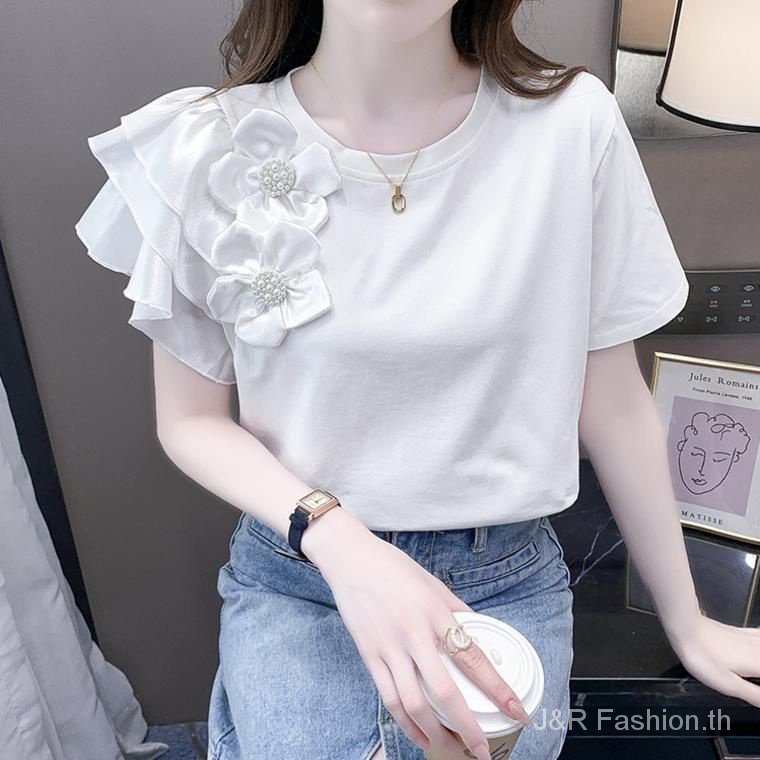 ดอกไม้ลูกปัดรอบคอแขนสั้นเสื้อยืดผู้หญิง, 2025 สไตล์ใหม่ชุดฤดูร้อนหลวม ผอมลง ดูเรียบง่ายสีทึบด้านบน