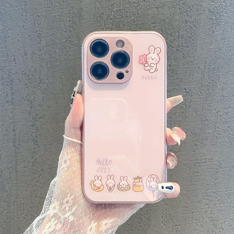 เคสโทรศัพท์มือถือแบบแก้ว ลายการ์ตูนกระต่าย ดอกไม้ เรียบง่าย สําหรับ IPhone 15 14Pro 1312 11 Xsmax xr 7 8P