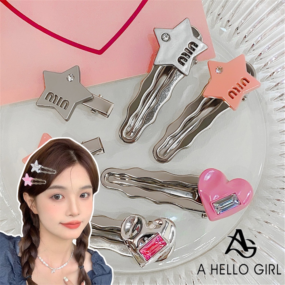 A HELLO GIRL Y2k กิ๊บติดผม ไม่ทิ้งร่องรอย สีเงิน สีเทา ไฮเอนด์ หรูหรา ดาว กิ๊บปากเป็ด หน้าม้า คลิปด้านข้าง
