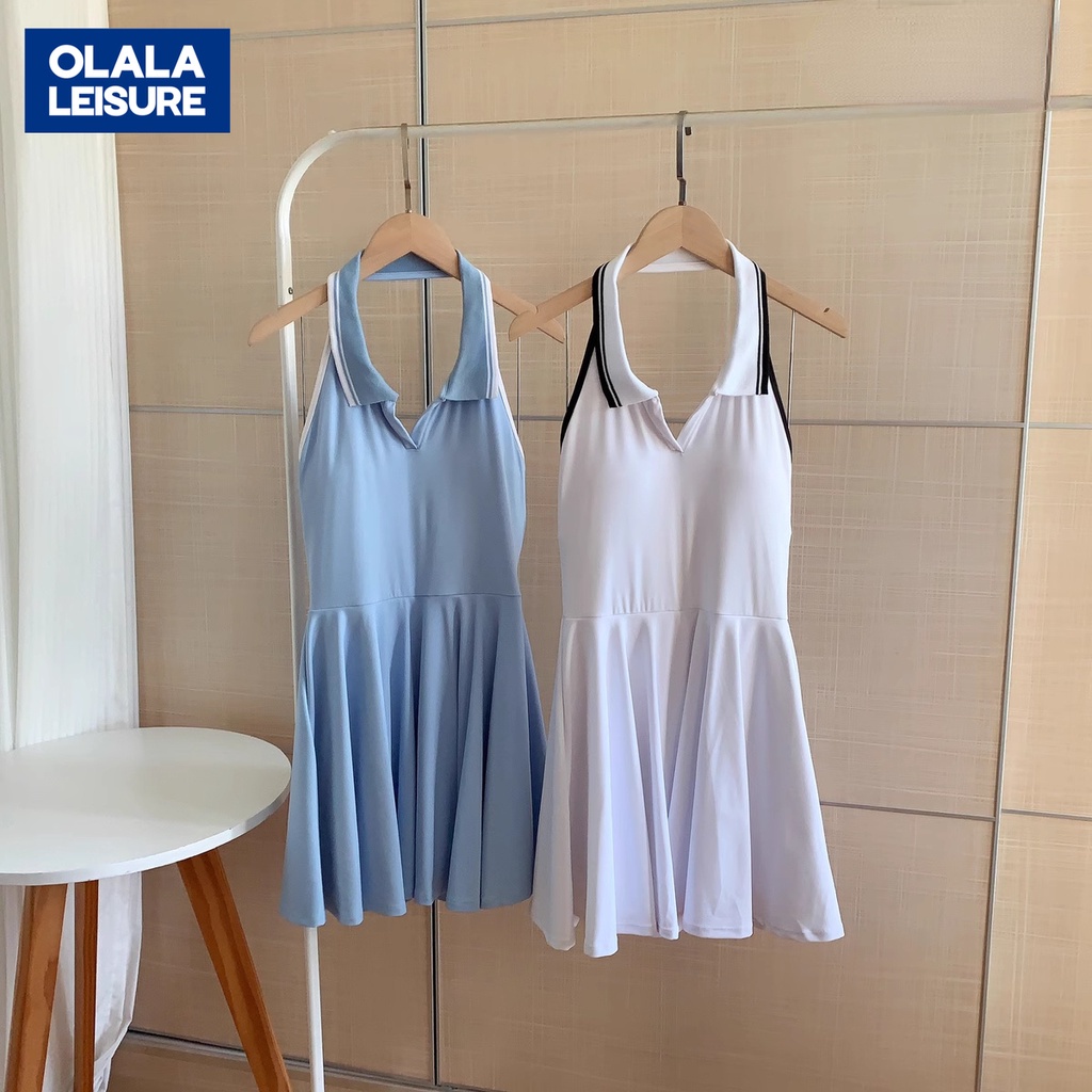 OLALA LEISURE  ใหม่ เสื้อโปโล คอปก สายคล้องคอ กระโปรงเทนนิส โยคะ ป้องกันแสงสะท้อน ถอดออกได้ สีตัดกัน สําหรับวิ่งกลางแจ้ง