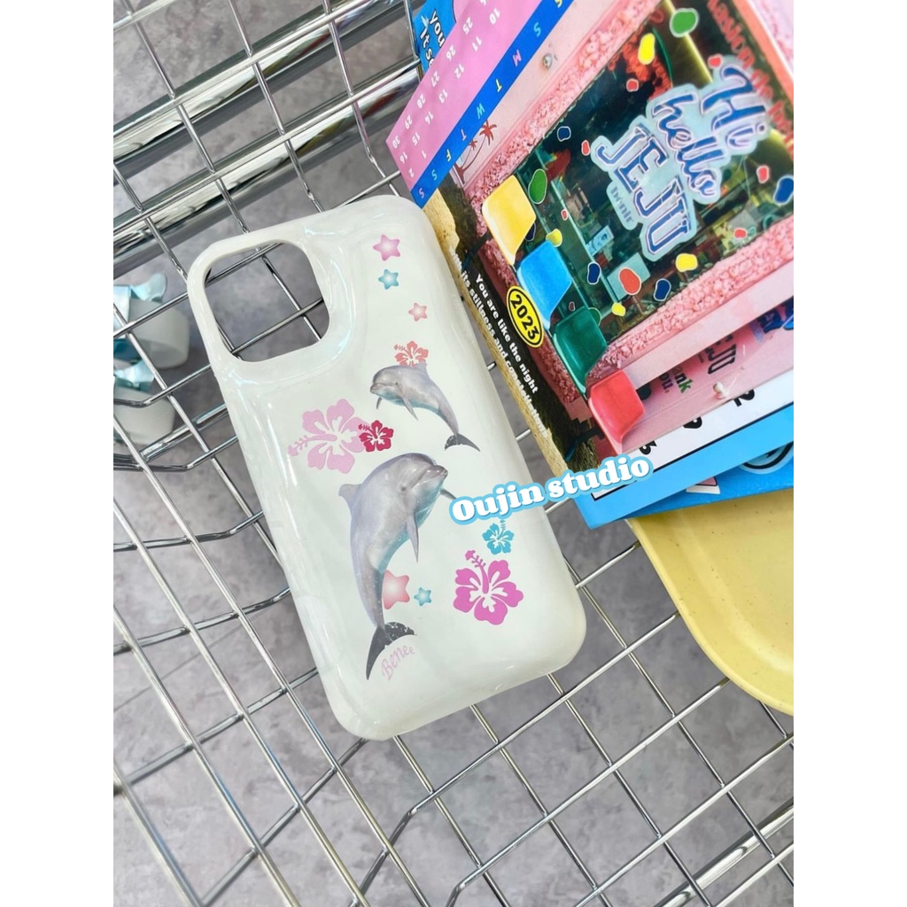 เคสโทรศัพท์มือถือหนัง กันกระแทก ลายโลมาน่ารัก สีขาว สไตล์เกาหลี สําหรับ 15 13pro 14promax 11 12 14