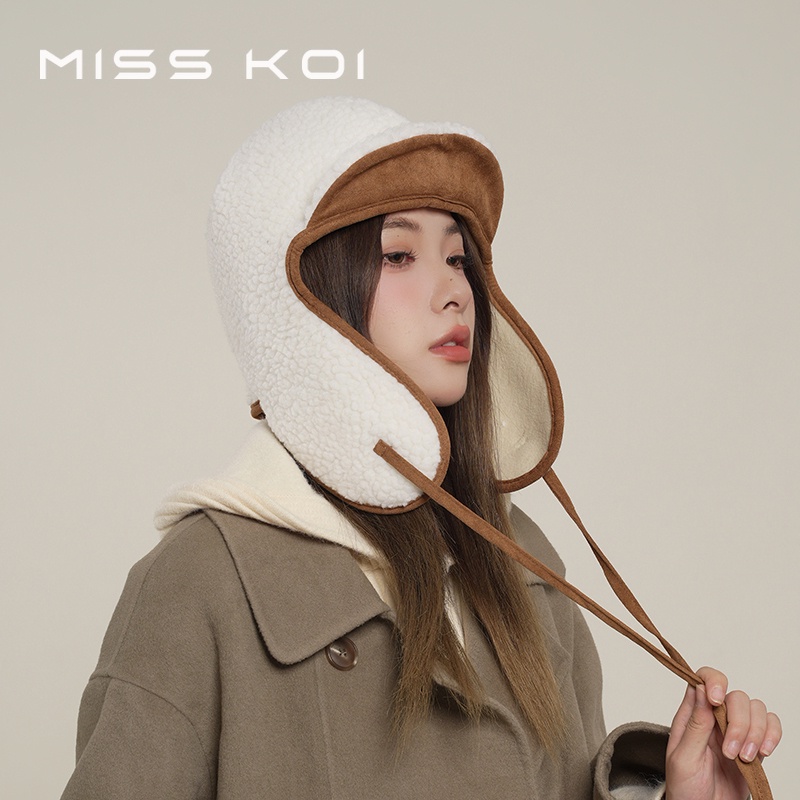 MISSKOI หมวกเที่ยวบินญี่ปุ่น ~ ฤดูใบไม้ร่วงฤดูหนาวป้องกันหู Lei Feng หมวกหญิง All-Match น่ารัก Face-ดูขนแกะแกะหมวกถัง