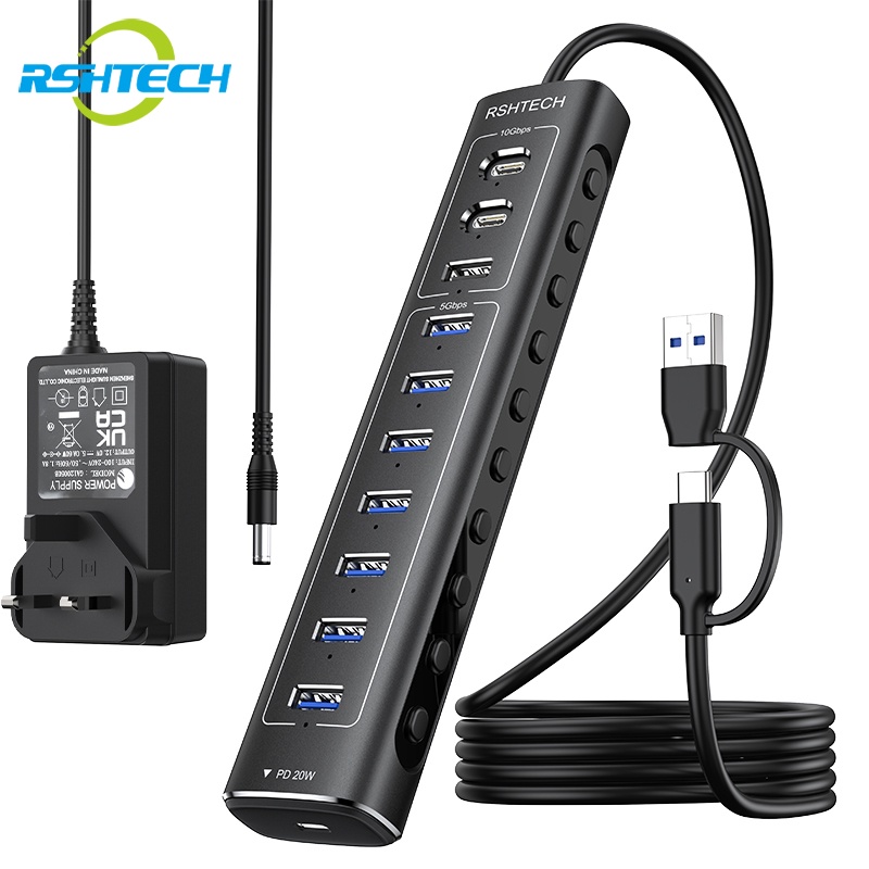 Rshtech A11PD ฮับ USB C 11-IN-1 60W 12V 5A พร้อมพอร์ตข้อมูล 10Gbps USB-A 3.2 7 USB 3.0 USB-C PD อลูมิเนียม สําหรับแล็ปท็อป PC MacBook Mac Pro Mini และอื่น ๆ