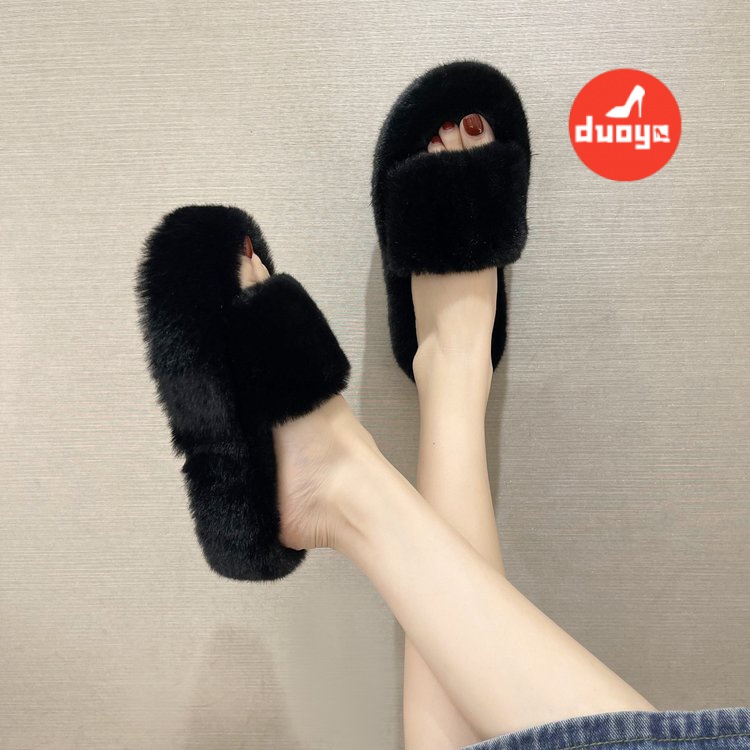 Duoya Factory รองเท้าแตะมัฟฟิน ส้นกลาง 3-5 ซม. ขนเฟอร์เทียม ส่งไว
