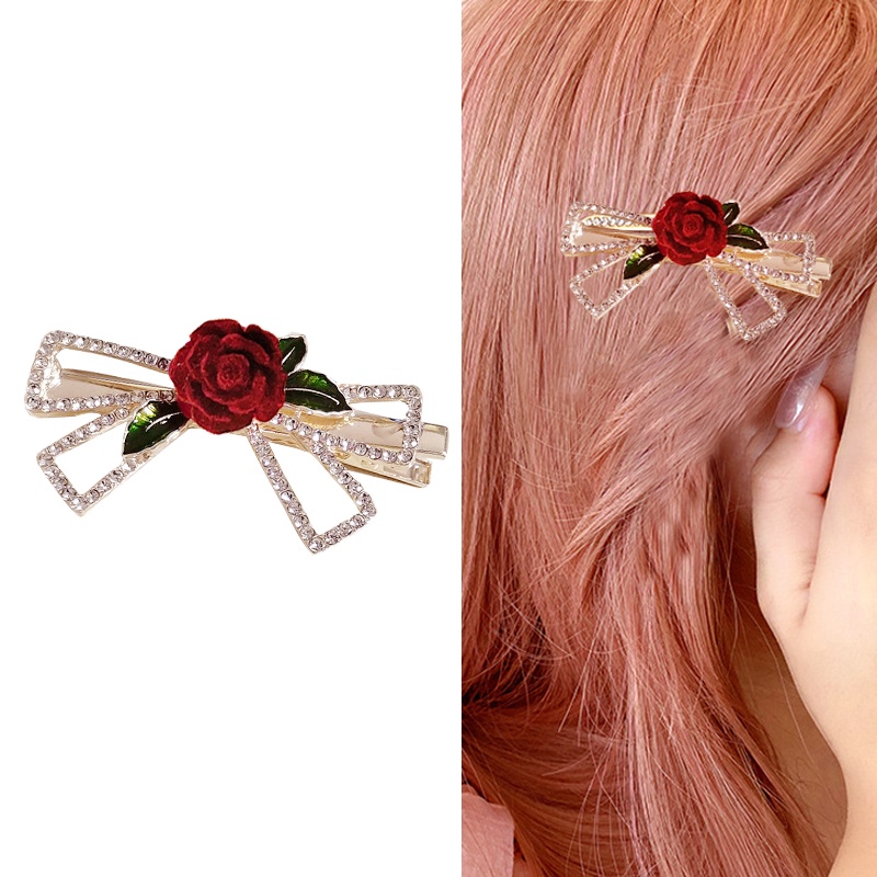 กิ๊บติดผม ประดับโบว์ พลอยเทียม รูปดอกกุหลาบ แฟชั่นคลาสสิก สไตล์เกาหลี และญี่ปุ่น