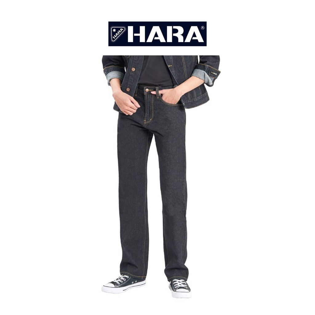 [รุ่นขายดี] Hara ฮาร่า กางเกงยีนส์ Jeans สีมิดไนท์ Original Straight Fit ทรงกระบอกเล็ก ด้ายทอง ป้ายหนัง รุ่น HMS1-900802