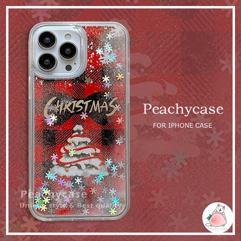 เคสโทรศัพท์มือถืออะคริลิค PC แข็ง แบบกลิตเตอร์ในของเหลว ลายเกล็ดหิมะ Merry Christmas สีแดง สําหรับ iPhone 15 14 13 12 Pro Max 11 14pro