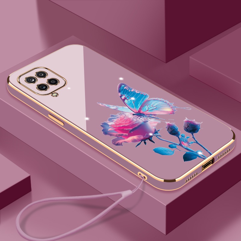 เคสโทรศัพท์มือถือ ซิลิโคน ลายดอกกุหลาบ พร้อมสายคล้อง สําหรับ Samsung A12 A22 4G A22 5G M33 M42 M32 4G