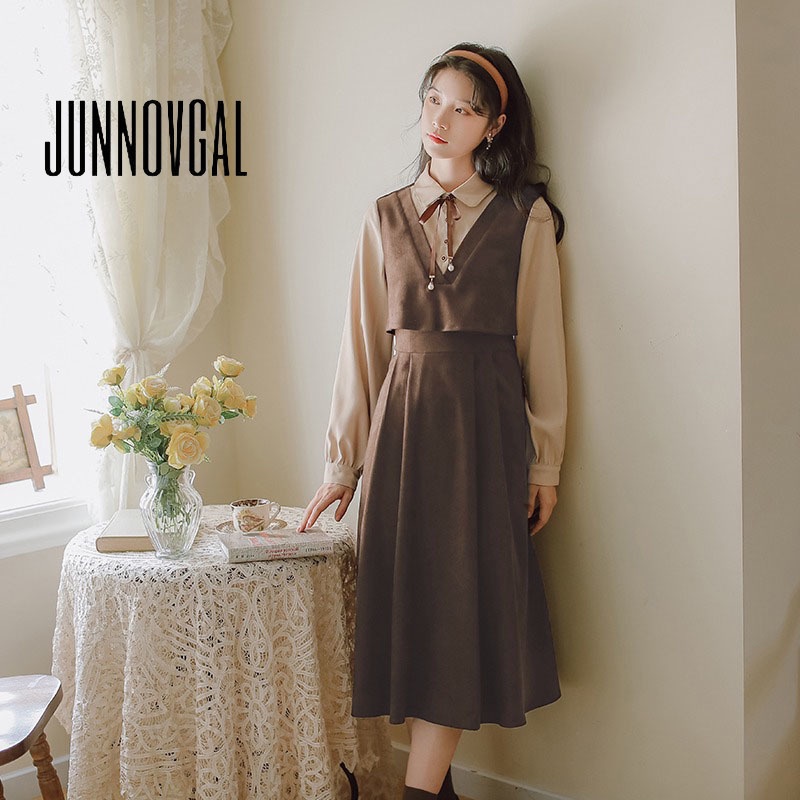 Junnovgal ชุดมิดี้เดรส แขนยาว คอปก เข้ารูป สีตัดกัน แฟชั่นใหม่ สําหรับผู้หญิง 2023