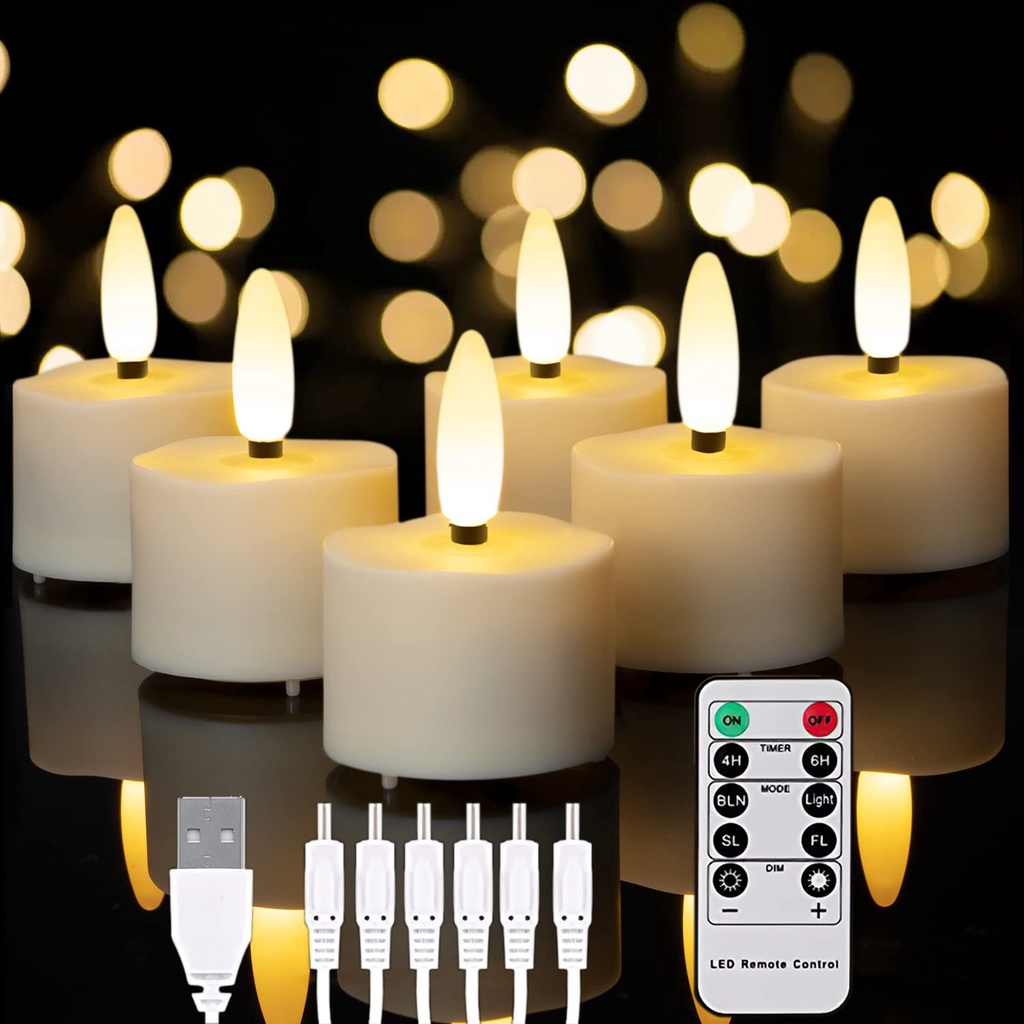โคมไฟเทียน Led แบบชาร์จไฟได้ พร้อมรีโมตจับเวลา และเปลวไฟกระพริบ สําหรับตกแต่งบ้าน วันฮาโลวีน คริสต์มาส เทียน 6 ชิ้น