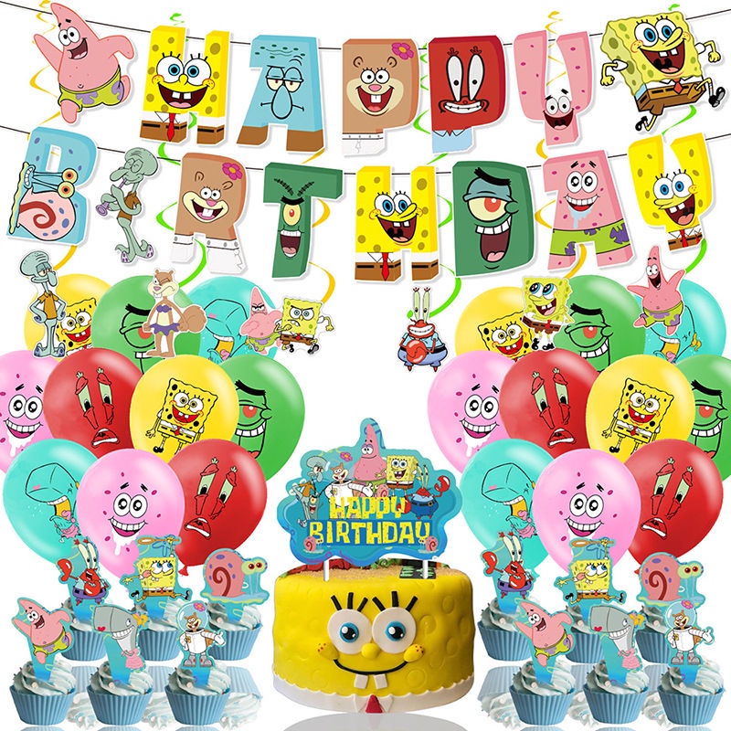 ชุดตกแต่งวันเกิด SpongeBob Patrick Star ตกแต่งงานเลี้ยงวันเกิด แบนเนอร์ SpongeBob Patrick Star ท็อปเ