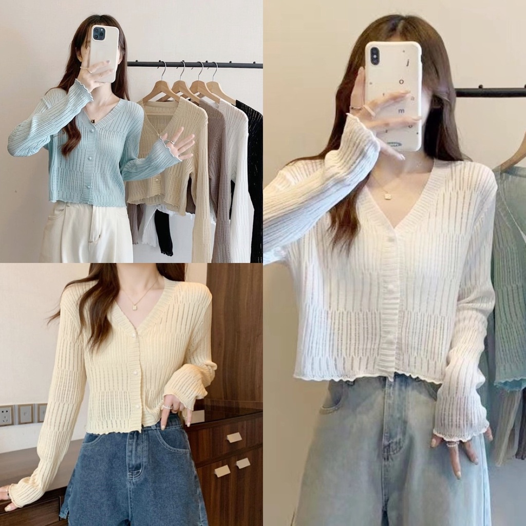 ราคาถูกที่สุด เสื้อคาร์ดิแกนไหมพรมตัวสั้น ถักลายเส้น คอวีกระดุมกลม 5 สี